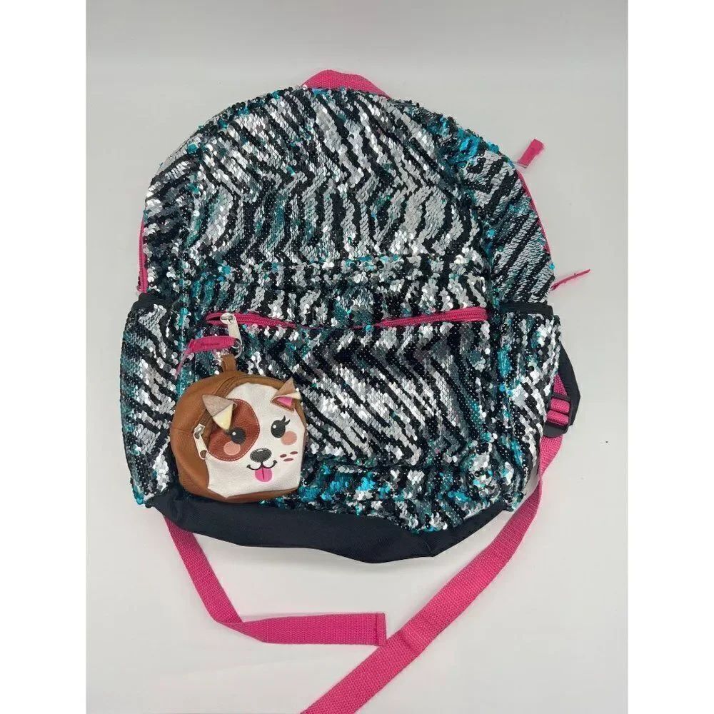 New Wonder Nation Kids Black Zebra Sequin Backpack 16'